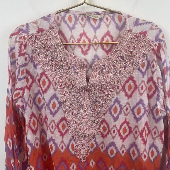 Soft Surroundings Pink Purple Orange Aztec Embroidered Tunic Blouse Sz L Rayon - Picture 6 of 8